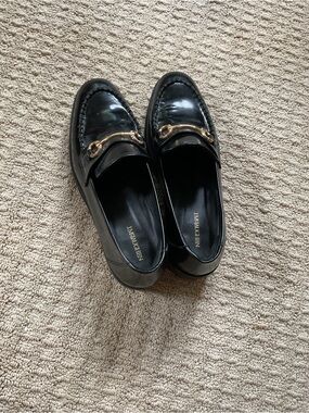 J. McLaughlin Black Patent Loafers with Gold Bit